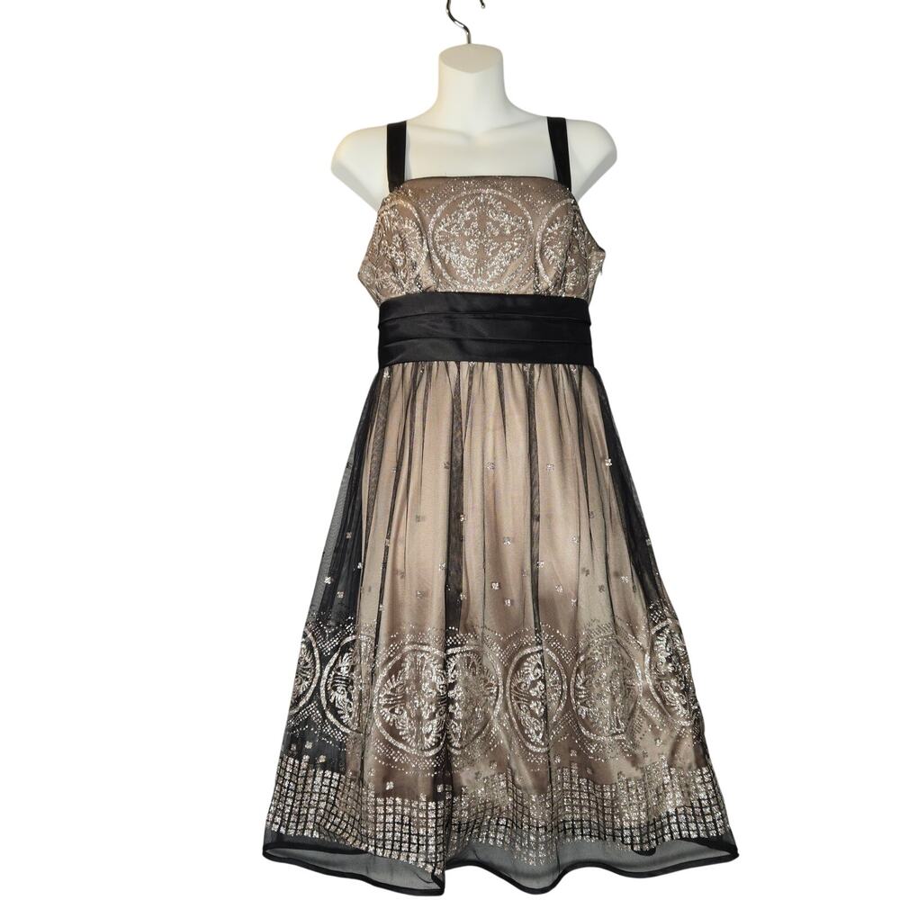 R‎ & M Richards Womens Size 6 Beige Prom Dress Black Lace Overlay Glitter Formal